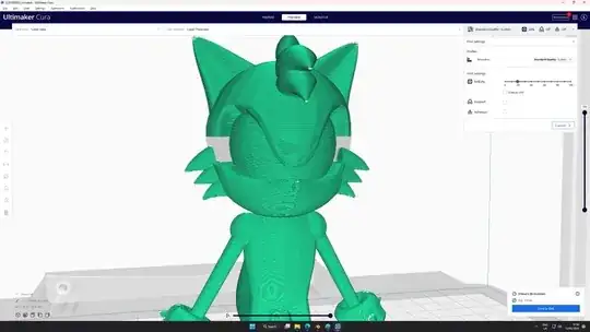 Screenshot of a Cura's Preview of the 3D model but with parts missing Screenshot of a Cura's Preview of the 3D model but with parts missing