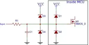 Circuit diagram showing protection diodes for AVR input