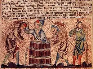 A depiction from the Holkham Bible c. 1320 AD showing Noah and his sons making wine
