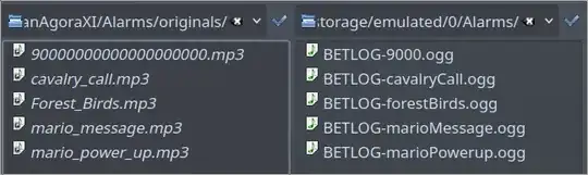 at left:files on pc, with original names - at right: filenames after being renamed, then converted to .ogg on source machine, then scp'd to the target device