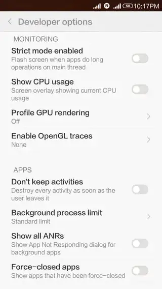 ScreenShot of developer option related to this