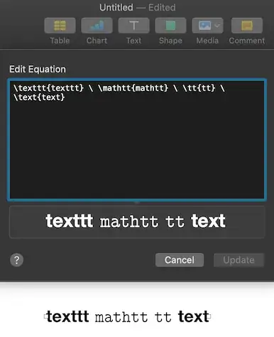 \texttt{}, \mathtt{}, \tt{} and \text{} in Notes Equation