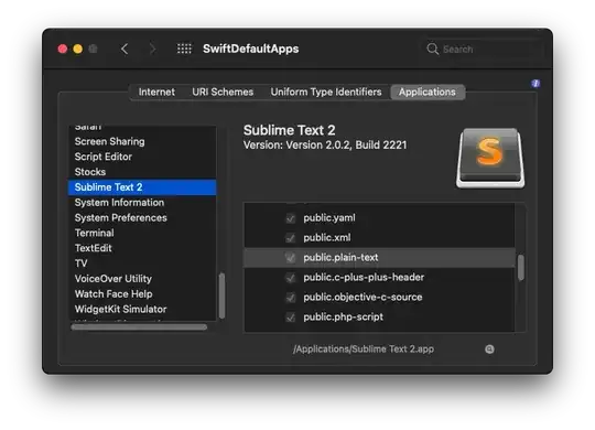 SwiftDefaultApps - Applications tab for public.plain.text