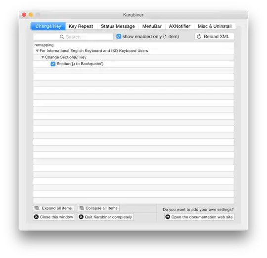 Screenshot of the configuration of Karabiner reaping Section to Backquote