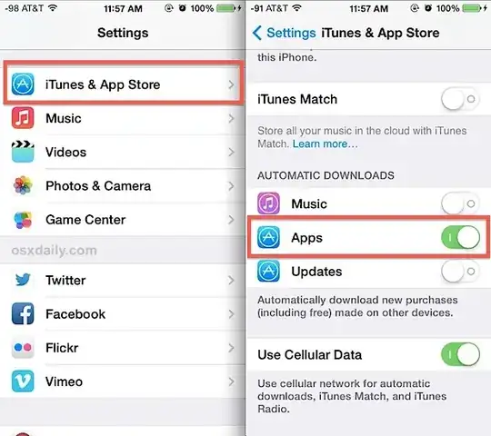 iPhone 4s iOS 9.3.5 automatic downloads sync settings for remote app install from iTunes