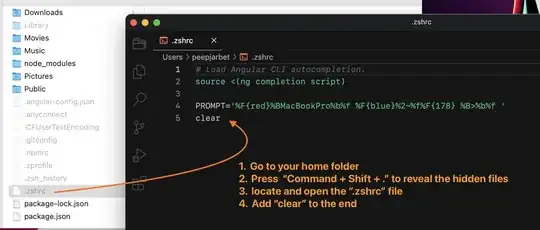 Screenshot of the .zshrc file open in a text editor with the clear command at the end