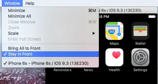 Stay in Front option in iOS Simulator