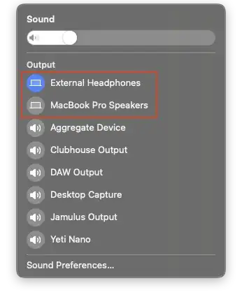 The sound control center showing “External headphones” and “MacBook Pro Speakers” at the same time.