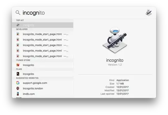 Screenshot of Spotlight with a search for "incognito" on display