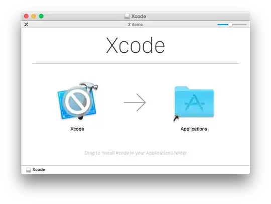 Screenshot of the Xcode disk image being opened with the slash through the Xcode icon.