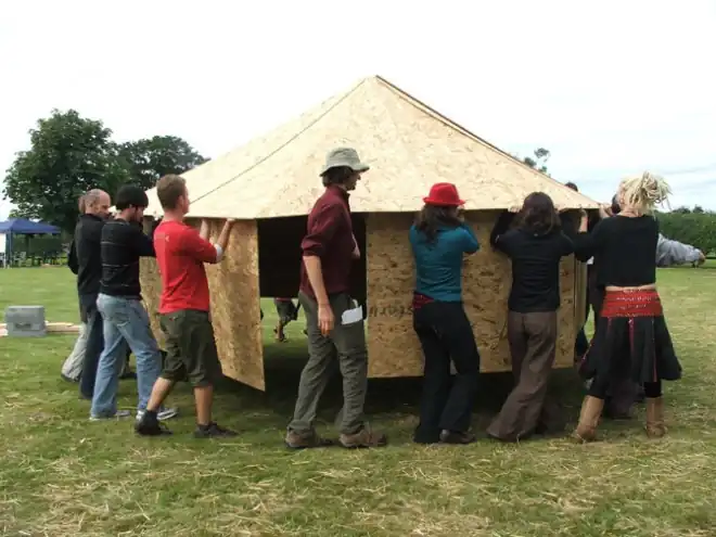 Hexayurt made from OSB at Small is Festival 2010.