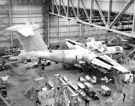 Boeing YC-14 during construction with the blown flaps fully extended
