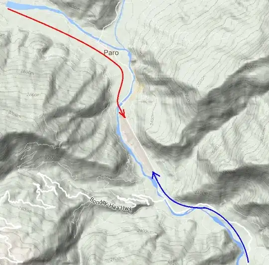 Area around Paro Airport (from Google Map) with approach directions