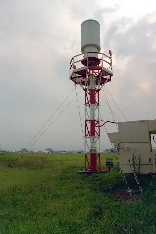A view from the ground of a Tactical Air Navigation System (TACAN) antenna