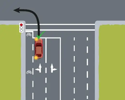 This shows the correct position with the left-hand wheels of the car not encroaching into the cycle lane