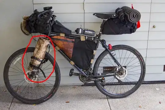 camera tripod strapped to front fork of bike