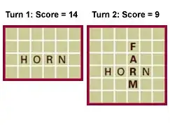 Turn 1: "HORN". Turn 2: Playing F,A, and M to make "FARM" across the R in "HORN"