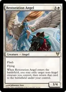 Restoration Angel. Cost: 3W. Flash. Flying. When Restoration Angel enters the battlefield, you may exile target non-Angel creature you control, then return that card to the battlefield under your control.