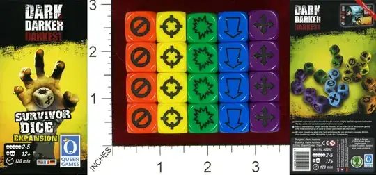 an image of the "survivor dice" expansion from dicecollector.com, with five colors of dice with the querent's symbols