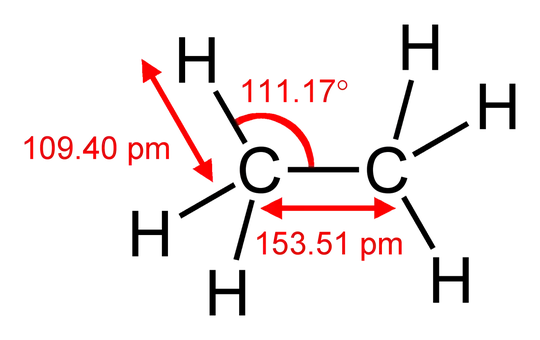 Image of ethane with bond lengths and angles