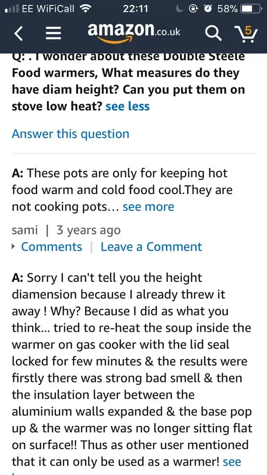 screenshot showing amazon customer explaining how the insulation in his hot pot expanded and split the pot when he put it on the stove