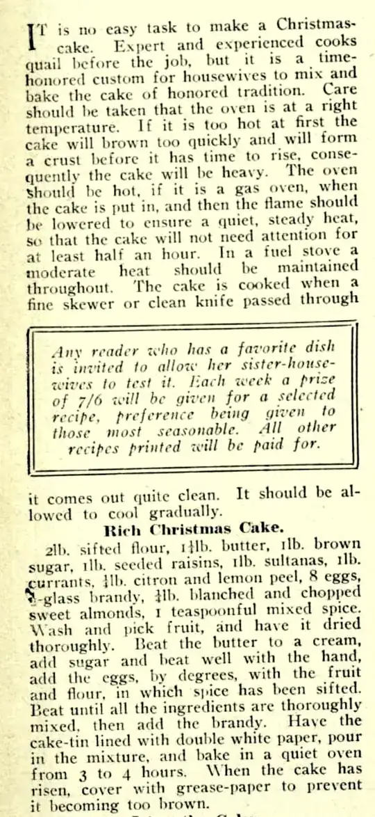 Rich Christmas Cake from the December 2, 1924, Australian Woman’s Mirror