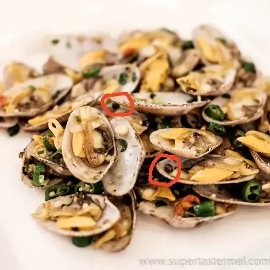 picture of clam dish, with peppercorns circled in red