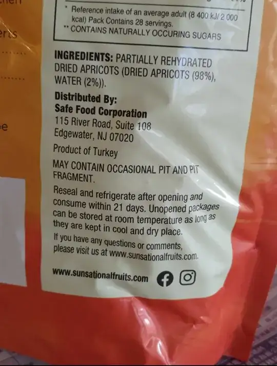 Dried apricots food label
