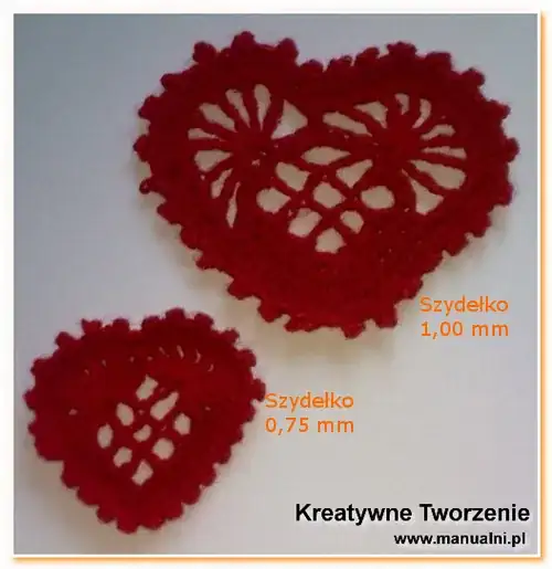 two crocheted hearts, using 1mm and 0.75mm hooks