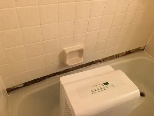 Bathtub surrounded by tiled walls on three sides. The lowest course of tiles on one wall has been removed, revealing damaged drywall behind them. There is a soap holder glued to the tiles immediately above the removed strip. A boxy machine sits in the tub; this is a dehumidifier.