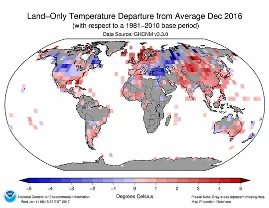 Map showing land-only temperature departures for December 2016, from NOAA's National Centers for Environmental Information, data source: GHCN-M 3.0.0. Coverage is rather spotty except for the continental USA, western Europe, and eastern Asia.
