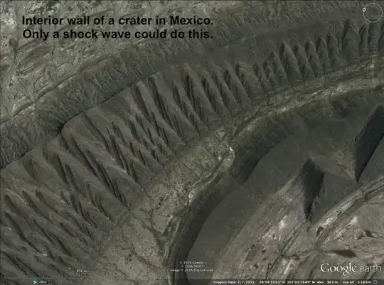 large crater in Mexico showing same triangular shapes around rim