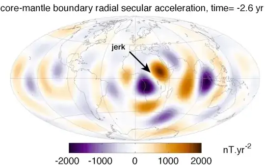 Screen Shot from video #2 Nature Geoscience Geomagnetic jerks and rapid hydromagnetic waves focusing at Earth’s core surface
