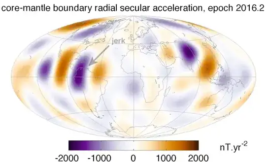 Screen Shot from video #1 Nature Geoscience Geomagnetic jerks and rapid hydromagnetic waves focusing at Earth’s core surface