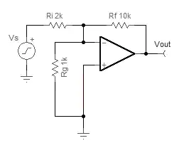 Inverting amplifier schematic with resistor between inverting and non-inverting input