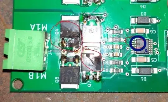 Annotated pin 11 of the MIC4606-2 showing signs of case rupture.