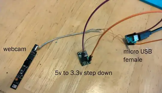 Picture of webcam data cables wired to USB female data cables and power cables wired to stepdown pcb