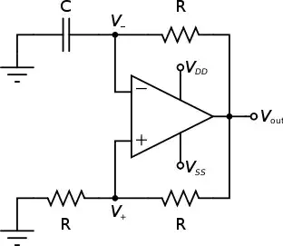 Op amp-based hysteretic oscillator, with the assumption of same-valued resistors