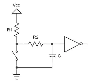 RC de-bouncing, R1 tied to high, actuating the switch grounds it. However there is a capacitor parallel to the switch to ground and a R2 connecting the switch to the capacitor and the logic gate you want to feed. Shown here is an inverter, but it could be a buffer or any logic gate input.