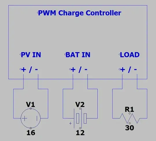 PWM Charge controller with source16v, bat12v, load30r connected