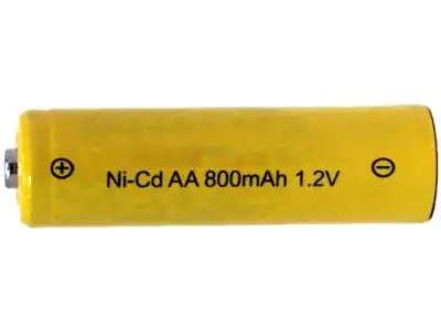 A typical Ni Cd rechargeable battery with total charge(Q) rating and voltage rating