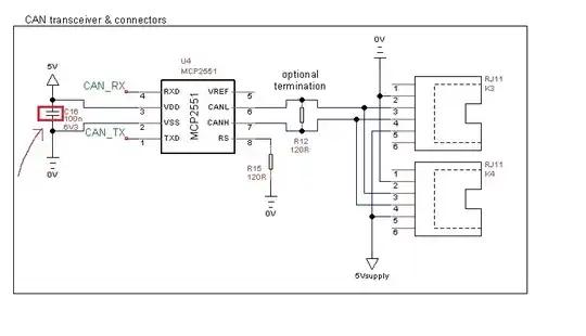 Example schematic showing a MCP2551 with 100nF capacitor between VDD and VSS