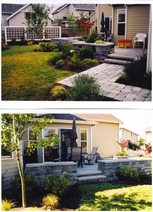screen to detract from fence and notice curves of set radius and notice garden walls made of CMU concrete modular units...and walkway