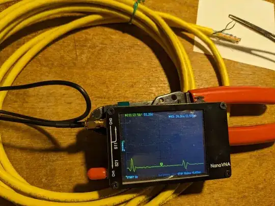VNA showing roughly the same graph except for the loose end of the cable is clamped together and the righthand glitch is now upside down