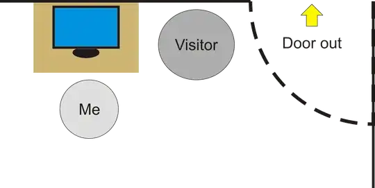 Diagram of detail of office layout, showing door in upper right, with visitor's chair immediately to the left of the door and my desk immediately to the left of the visitor's chair.