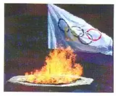 Photograph of Olympic flame in front of flag depicting Olympic rings; part of primary legislation in New Zealand and thus not subject to copyright.