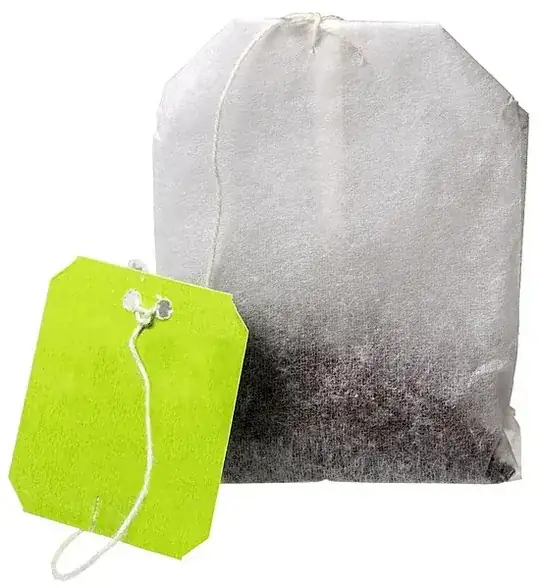 A tea bag from https://commons.wikimedia.org/wiki/File:Teabag_with_green_tag.jpg