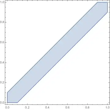 RegionPlot[Abs[x - y] < 0.1, {x, 0, 1}, {y, 0, 1}]