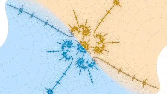 Spiraling filaments near a period 23 island in the Mandelbrot set, coloured blue/orange for clockwise/anticlockwise