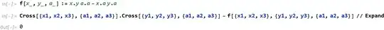 f[x_,y_,a_]:=x.y a.a-x.a y.a;Cross[{x1,x2,x3},{a1,a2,a3}].Cross[{y1,y2,y3},{a1,a2,a3}]-f[{x1,x2,x3},{y1,y2,y3},{a1,a2,a3}]//Expand